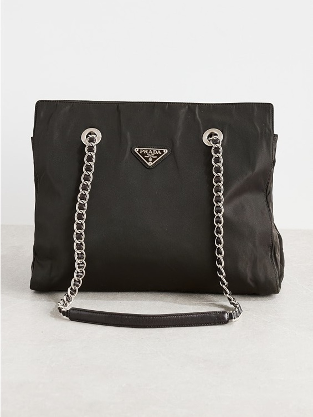 Vintage Prada Tessuto Nylon Acciaio Chain Strap Tote Bag Chocolate Brown